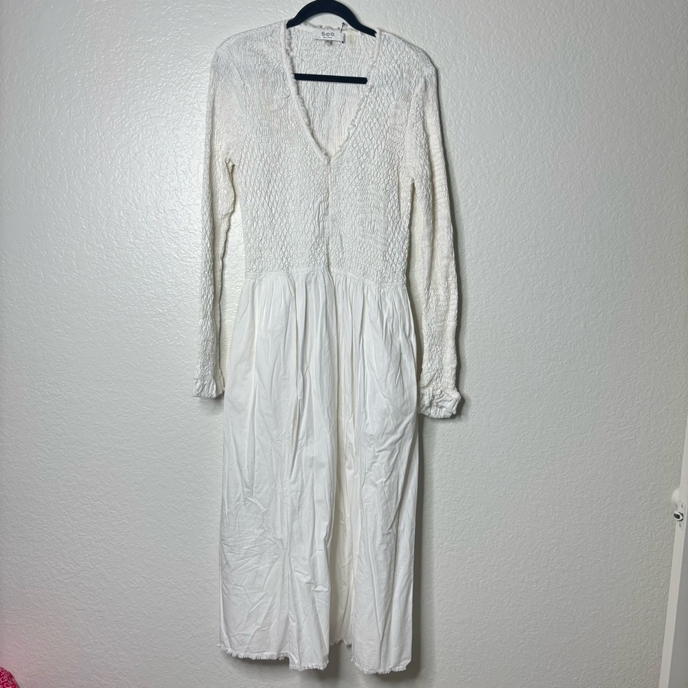 Sea New York Casey Hand Smocked White Long Sleeve Midi Dress Size 12 Large - Picture 3 of 9